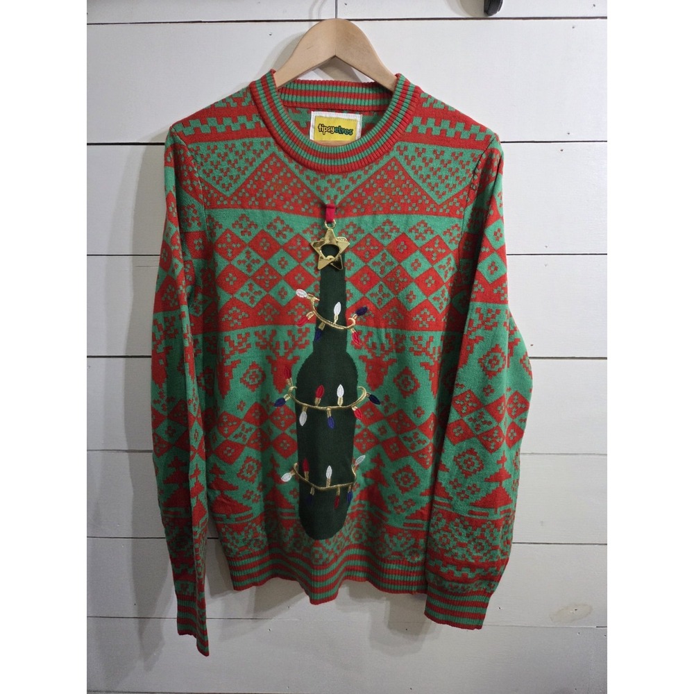 New Tipseyelves Ugly Christmas Sweater with Star and Wine Bottle Lights Large